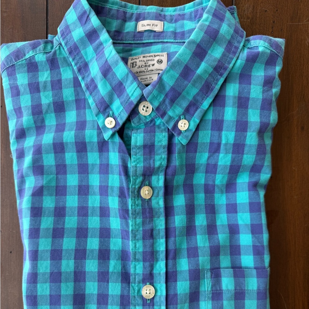 J. Crew Men's Turquoise and Navy Plaid Shirt